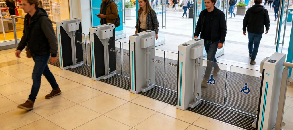 Wide lane swing turnstile gate, stainless steel pedestrian access barrier for hospital and public building