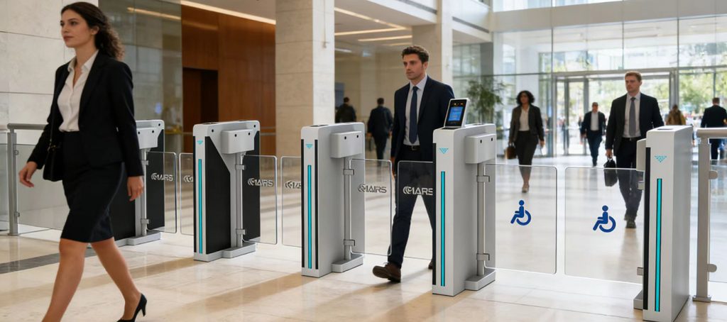 Indoor swing turnstile gate, slim stainless steel barrier for premium office lobby