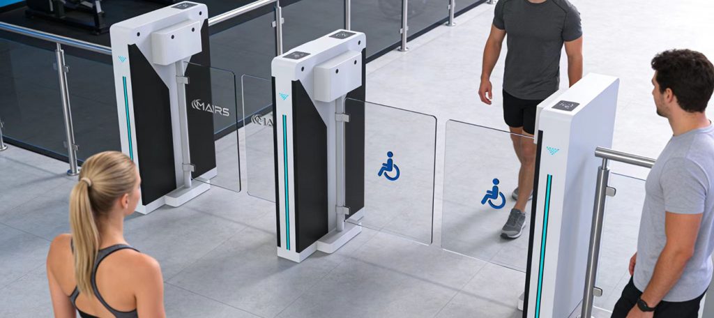 Wheelchair accessible swing turnstile gate for disabled person passage in public buildings