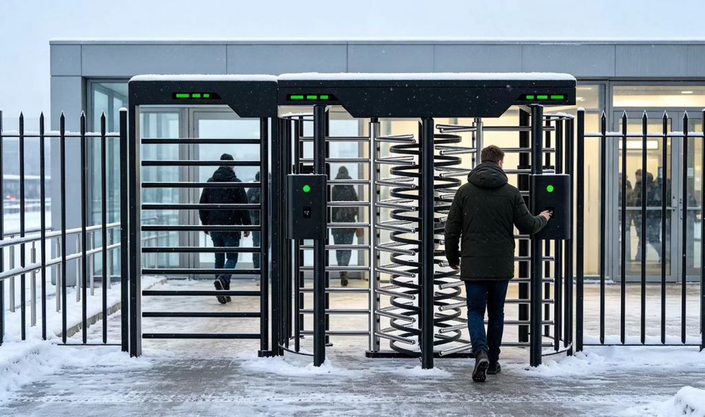 full height turnstile featuring anti-freeze mechanism and cold-resistant lubricant for icy conditions