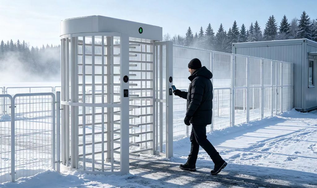 full height turnstile winter solution with thermostat-controlled heating kit for sub-zero climates