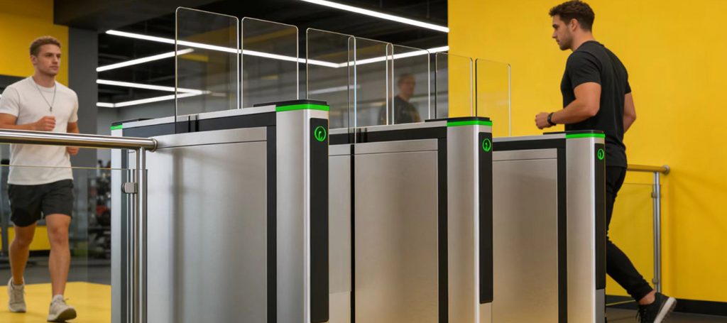 Automatic gym turnstiles with RFID card reader for gym member entrance verification
