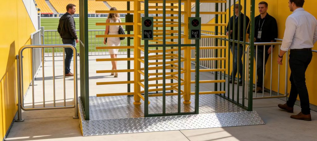 Portable turnstile with RFID card reader for temporary crowd control at outdoor event site