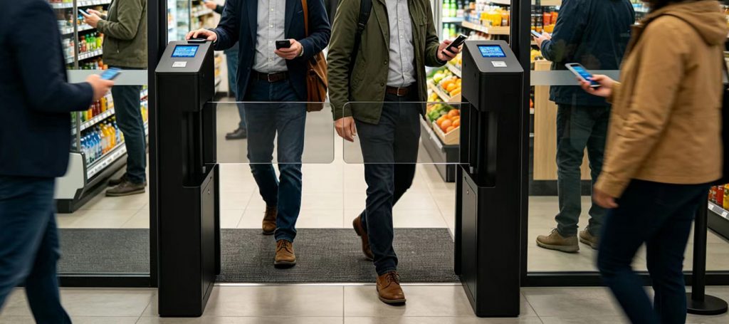 Self‑checkout supermarket turnstiles gate, sensor access barrier for retail shopping store